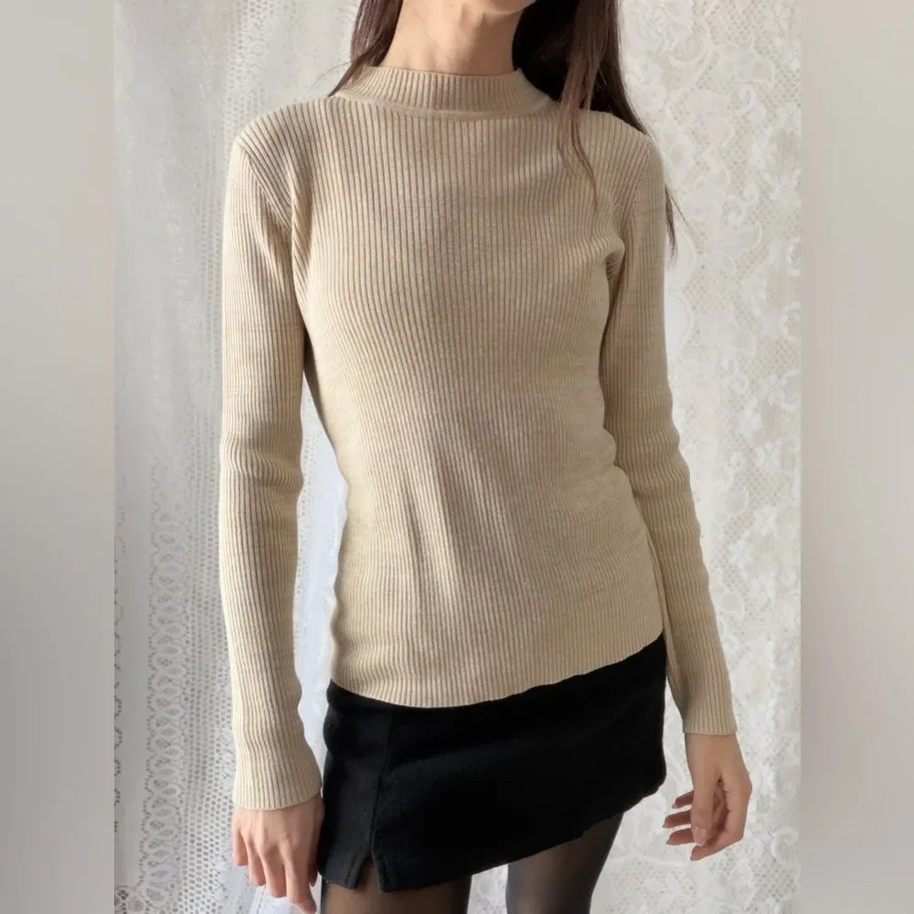 Vintage 90s Ribbed Mock Neck Sweater Sag Harbor Beige - Picture 4 of 12